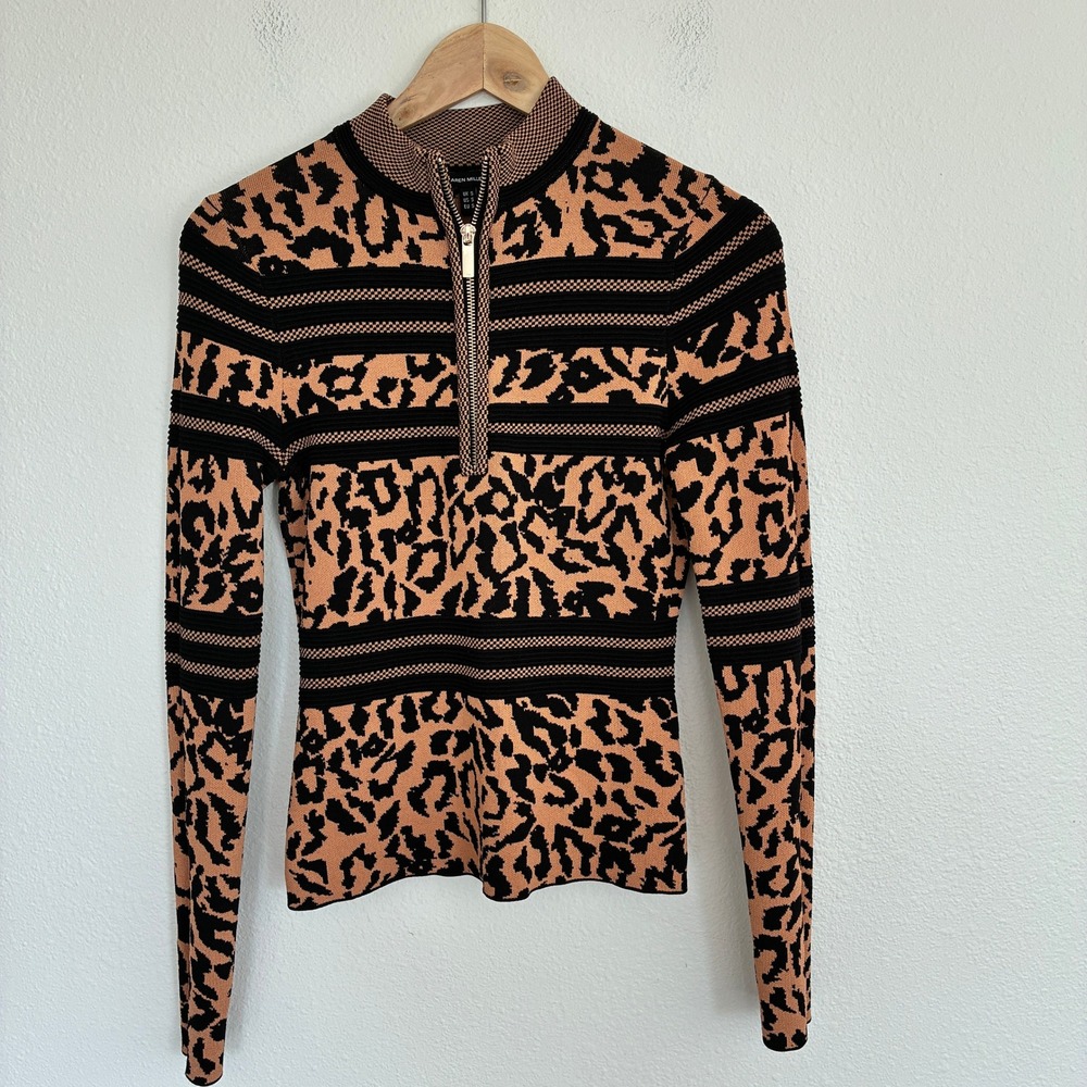Karen Millen Animal Print Sweater Women S Tan Leopard Half Zip Chic Luxury